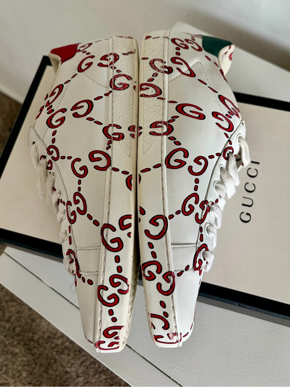 Gucci White Leather Sneakers with Red GG Motif and Green Heel Tab - Picture 7 of 11
